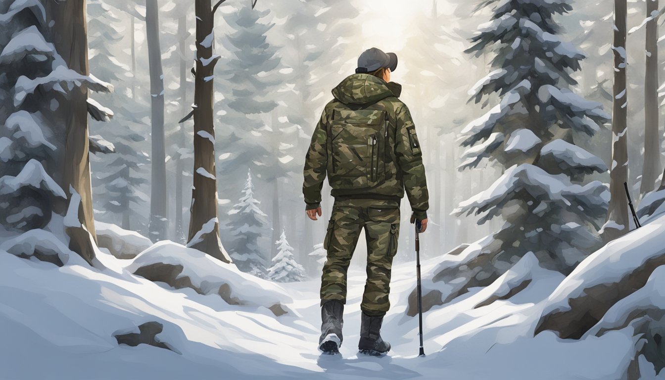 A young hunter wearing insulated camo jacket, pants, and boots in a snowy forest