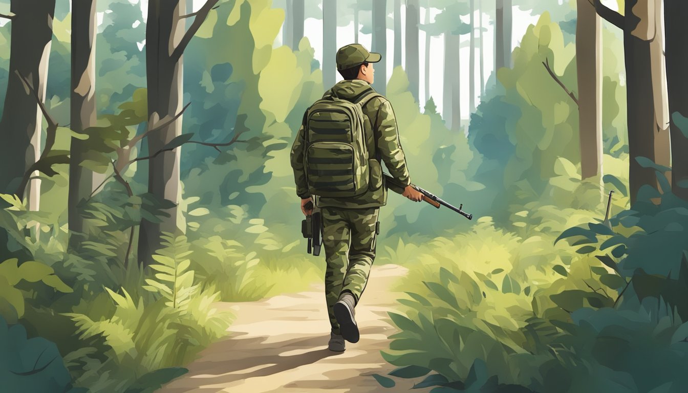 A young hunter in camouflage clothing with a backpack and rifle, walking through a forest with trees and bushes in the background