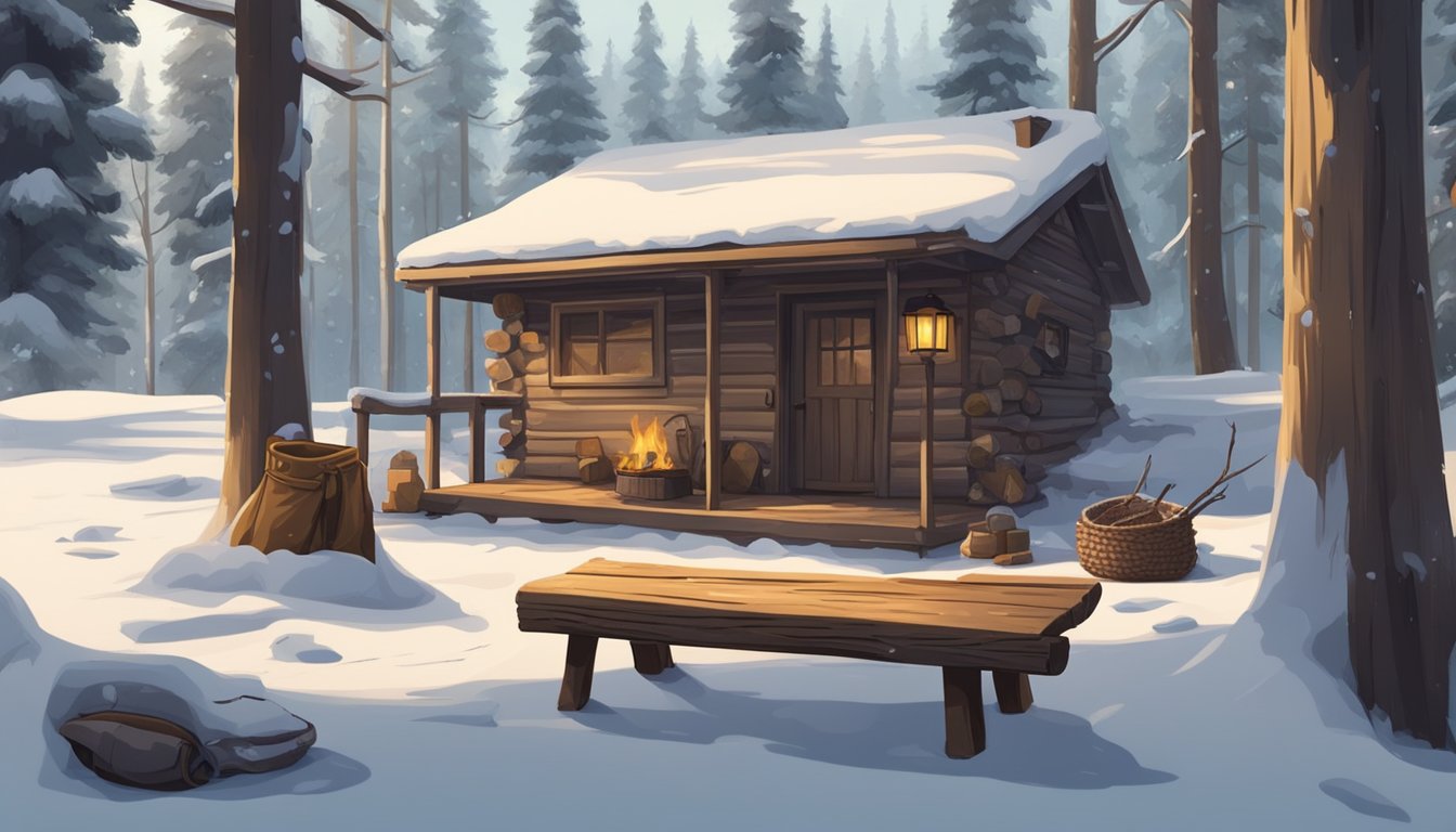 A cozy cabin in a snowy forest, with a pile of warm youth hunting clothes laid out on a wooden bench