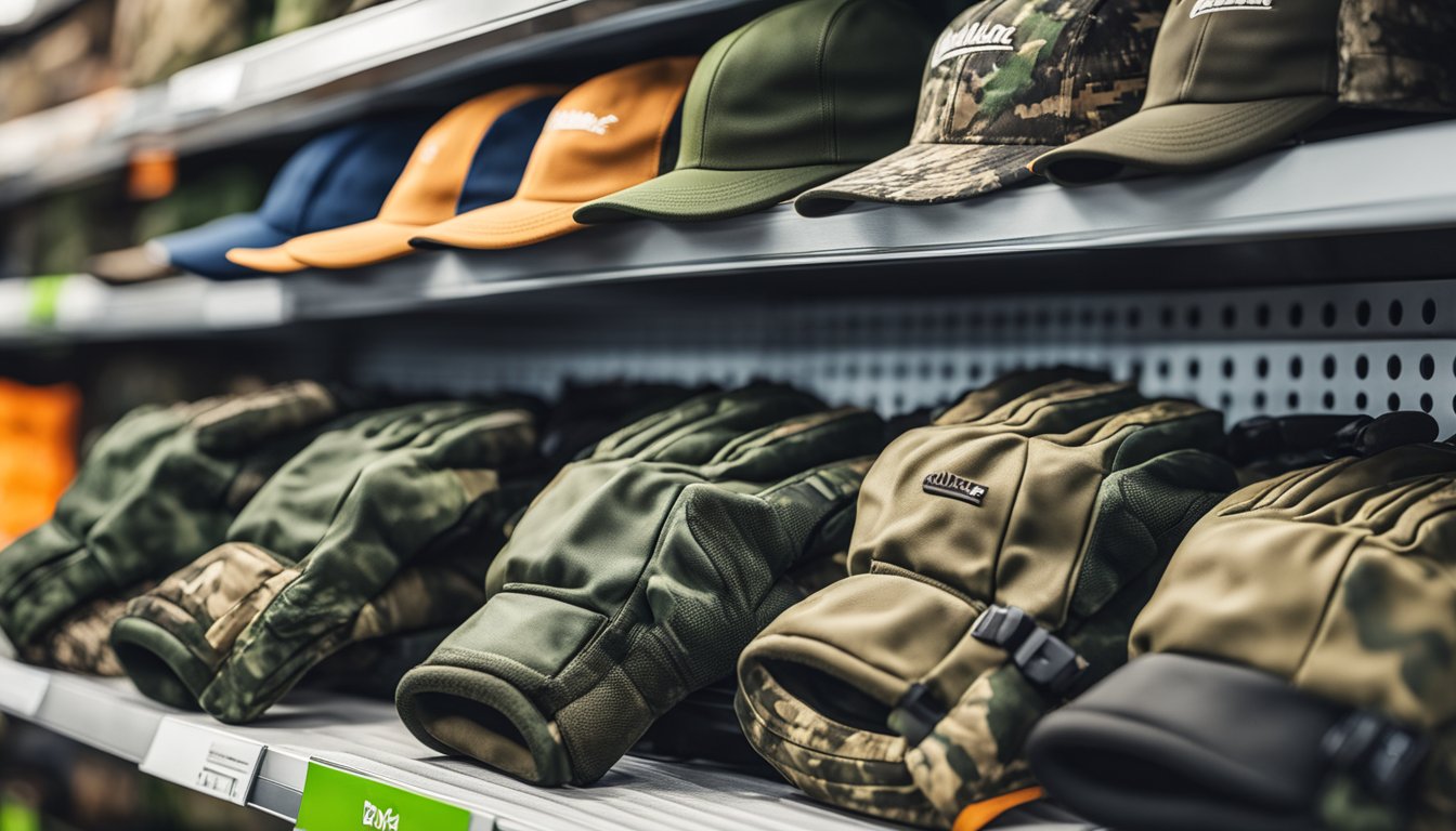 A pair of youth hunting gloves and a camouflage headwear on display at a Walmart outdoor clothing section