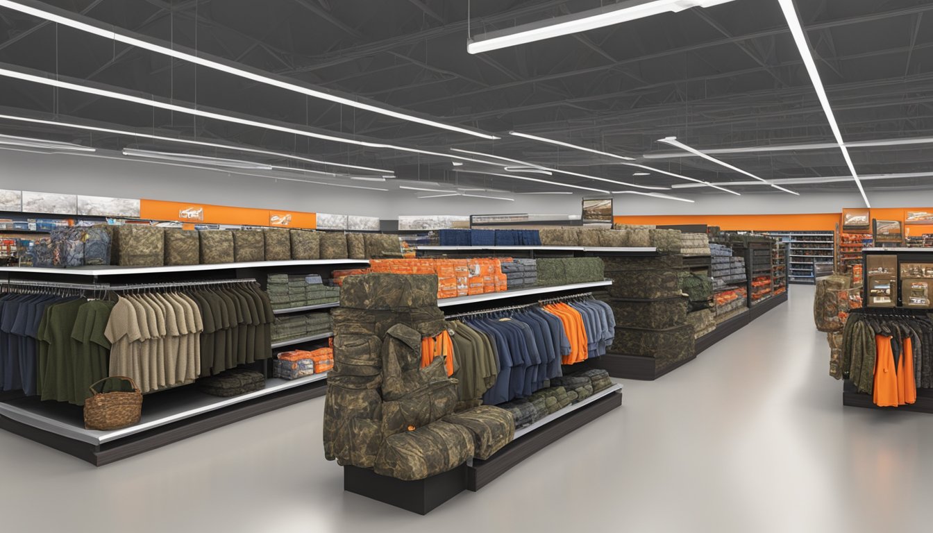 A display of youth hunting clothes and accessories on shelves at Walmart