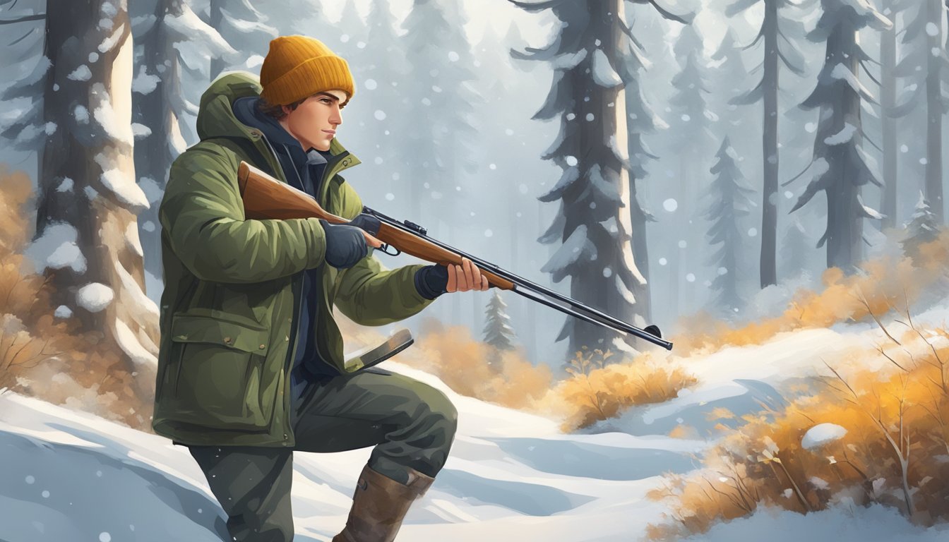 A young hunter wearing the warmest outer jacket in a snowy forest