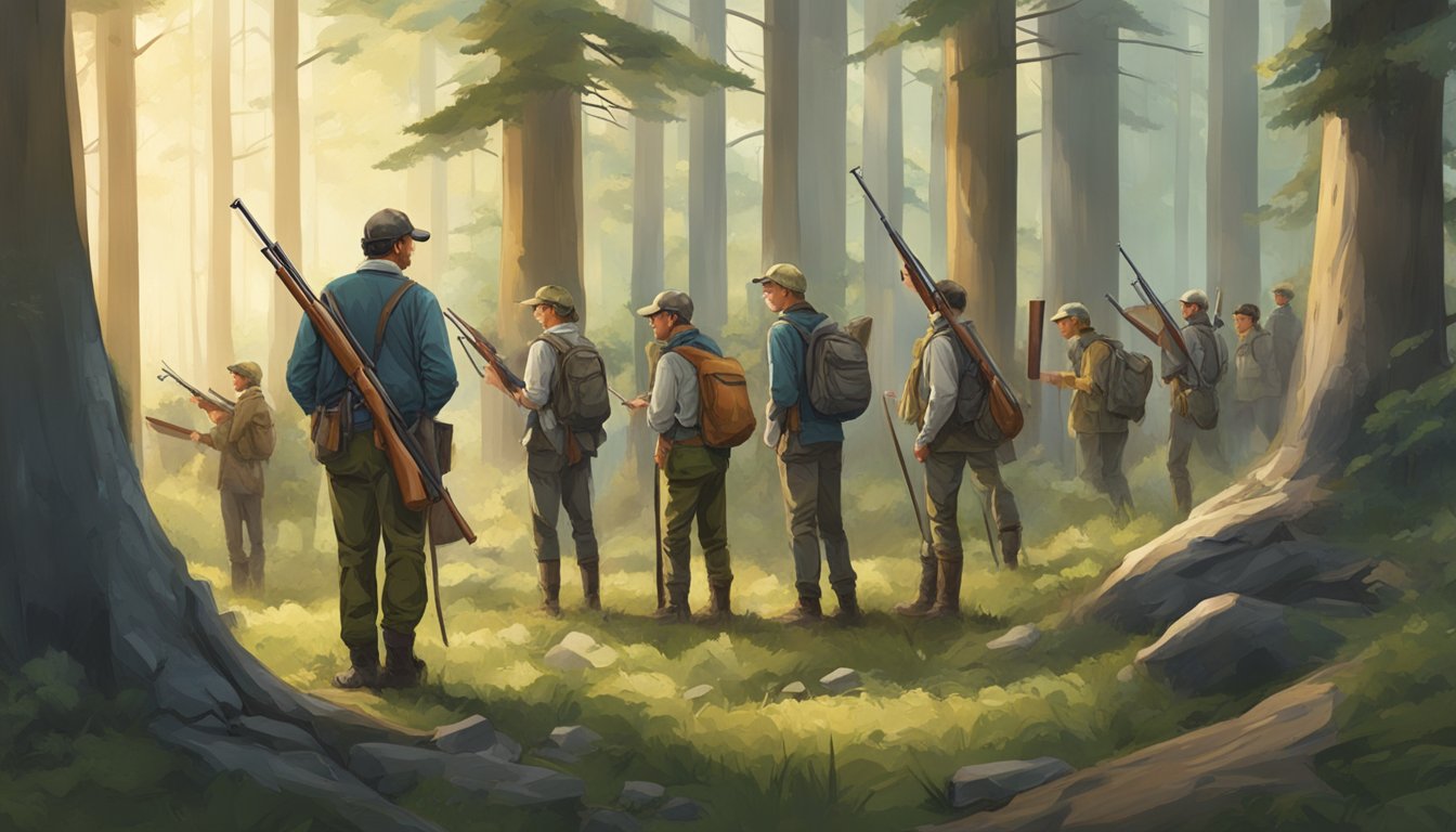 A group of young hunters, some carrying rifles, gather with adult supervisors in a forest clearing. They appear focused and eager to learn