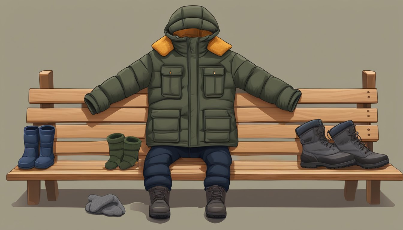 A thickly insulated hunting jacket, pants, and boots lay neatly arranged on a wooden bench, accompanied by a pair of thermal gloves and a fleece balaclava