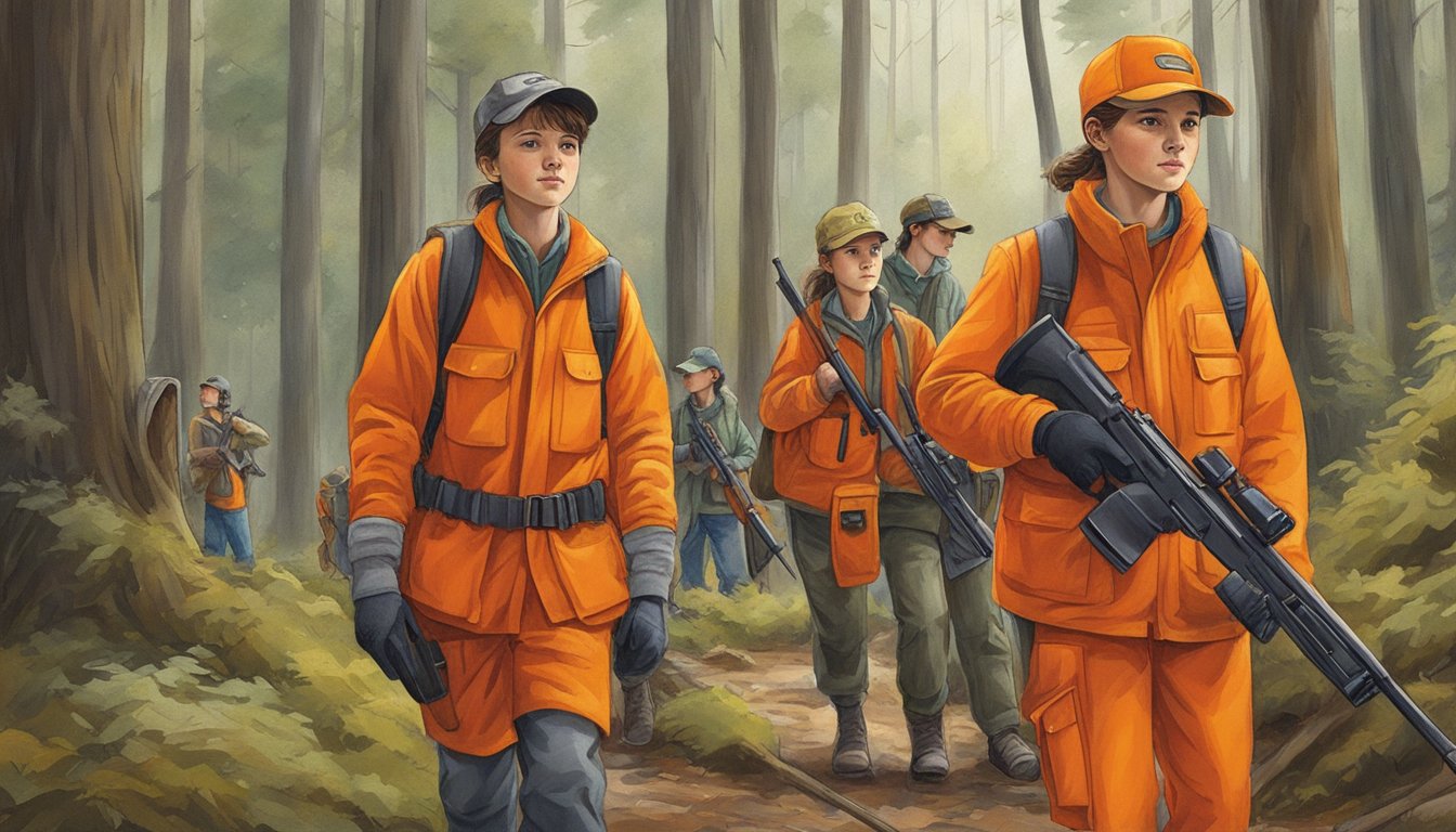 A group of young hunters, ages 12-17, with adult supervision, carrying rifles and wearing bright orange safety gear in a wooded area