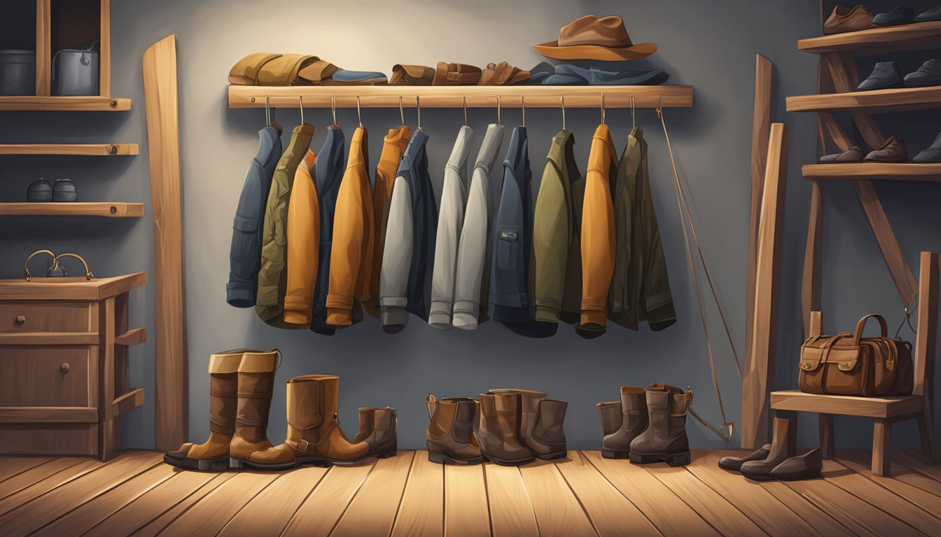 A young hunter's clothing hung neatly on a wooden hanger, with a pair of insulated boots placed neatly on the floor next to them