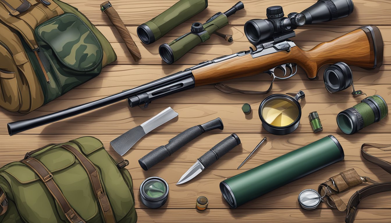 A young hunter's gear laid out on a wooden table, including a small rifle, camouflage clothing, a hunting knife, and a pair of binoculars