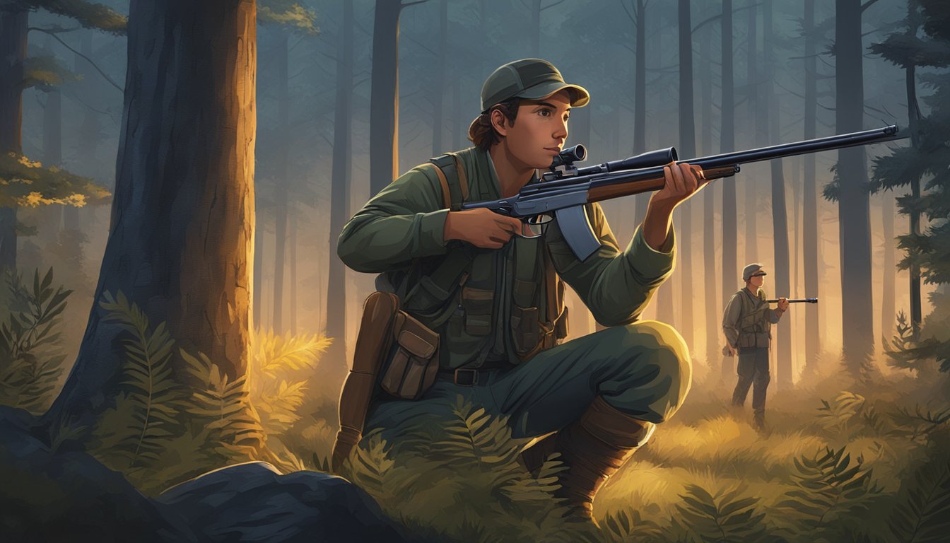 A young hunter holding a rifle, accompanied by a mentor, in a forest clearing at dusk