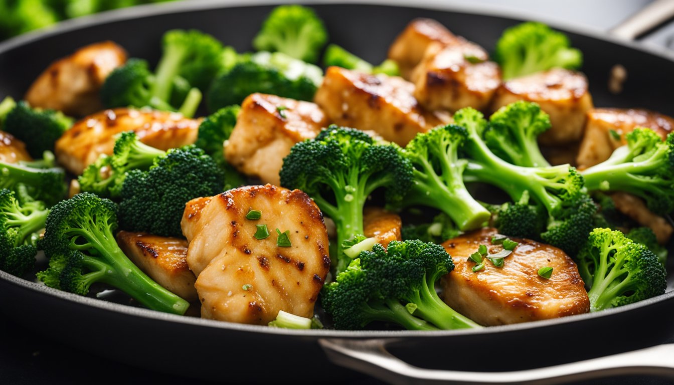 A sizzling skillet holds tender chunks of chicken and vibrant green broccoli florets, coated in a savory sauce