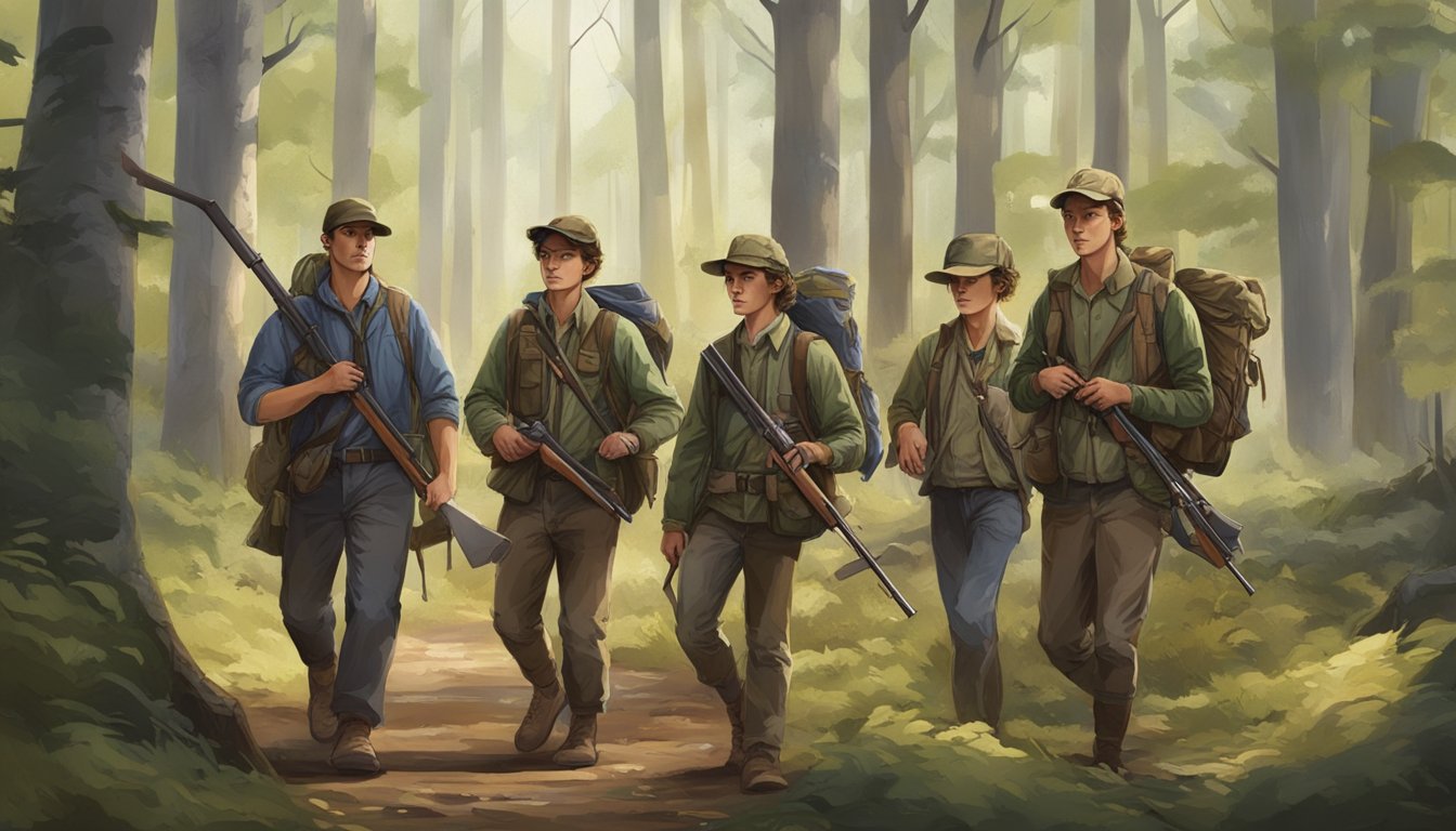 A group of young hunters, accompanied by adult supervisors, walking through a forest with rifles and hunting gear