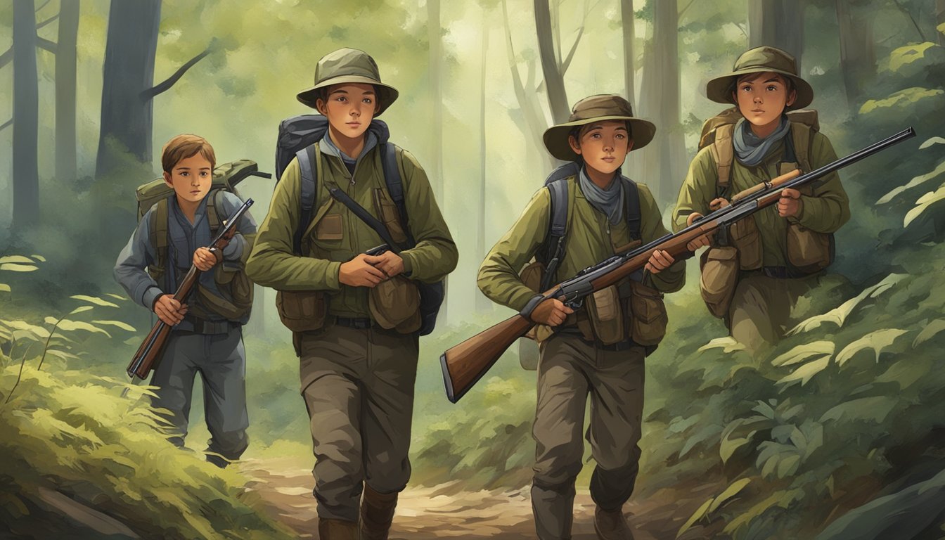 A group of young hunters, aged 12 to 17, trek through a dense forest with their rifles and gear, searching for game