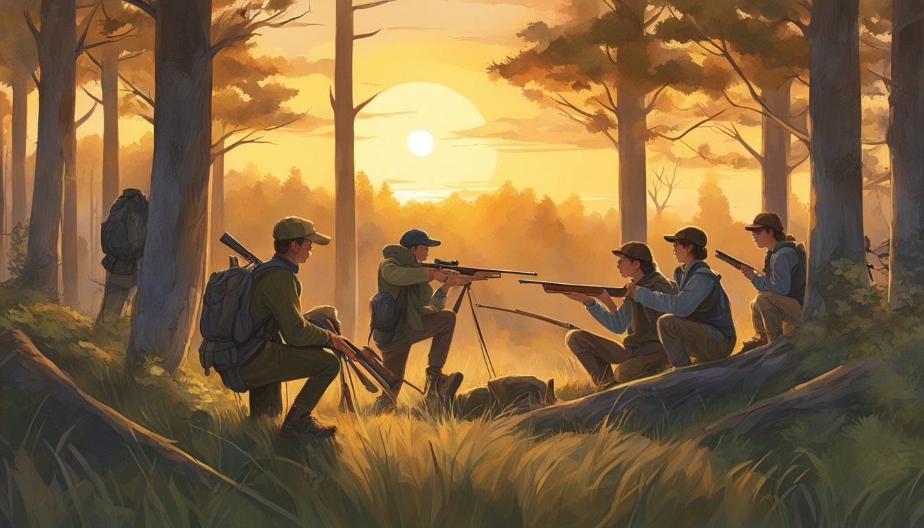 A group of young hunters, ages 12-17, gather in a forest clearing with their gear, accompanied by adult mentors. The sun is setting, casting a warm glow over the scene