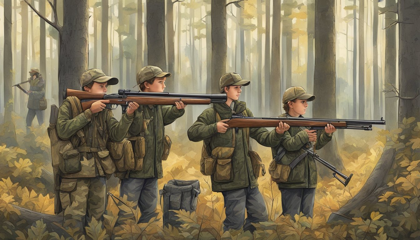 A group of young hunters, aged 12-17, gather in a forest clearing with rifles and camouflage gear, preparing for a day of hunting