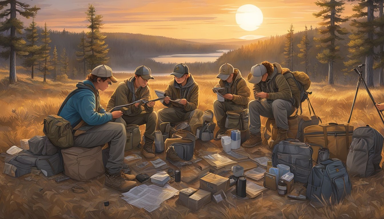 A group of young hunters packing up their gear as the sun sets, checking their hunting permits and discussing the legal age restrictions for youth hunting