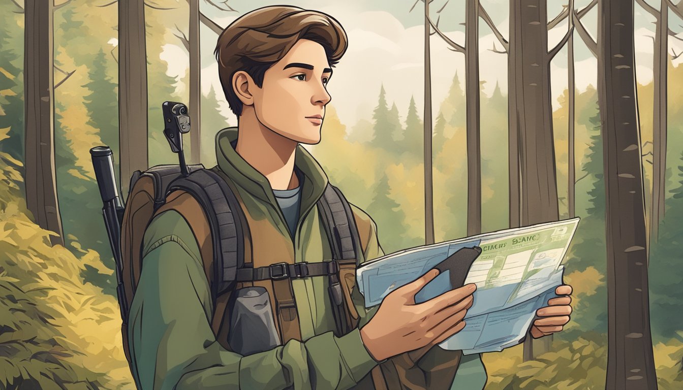 A young person holding a hunting license, surrounded by wildlife and a forest landscape