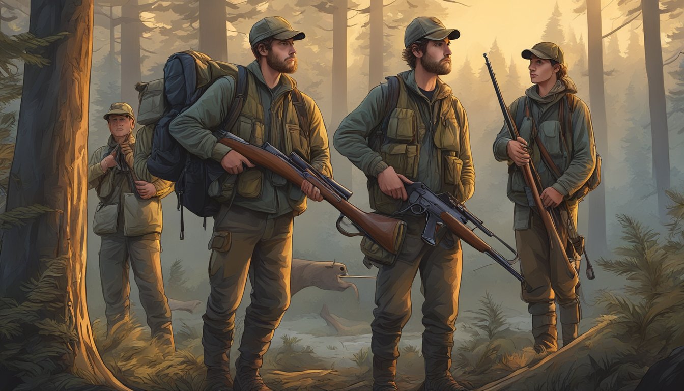 A group of young hunters gather their gear and rifles before heading into the forest at dawn