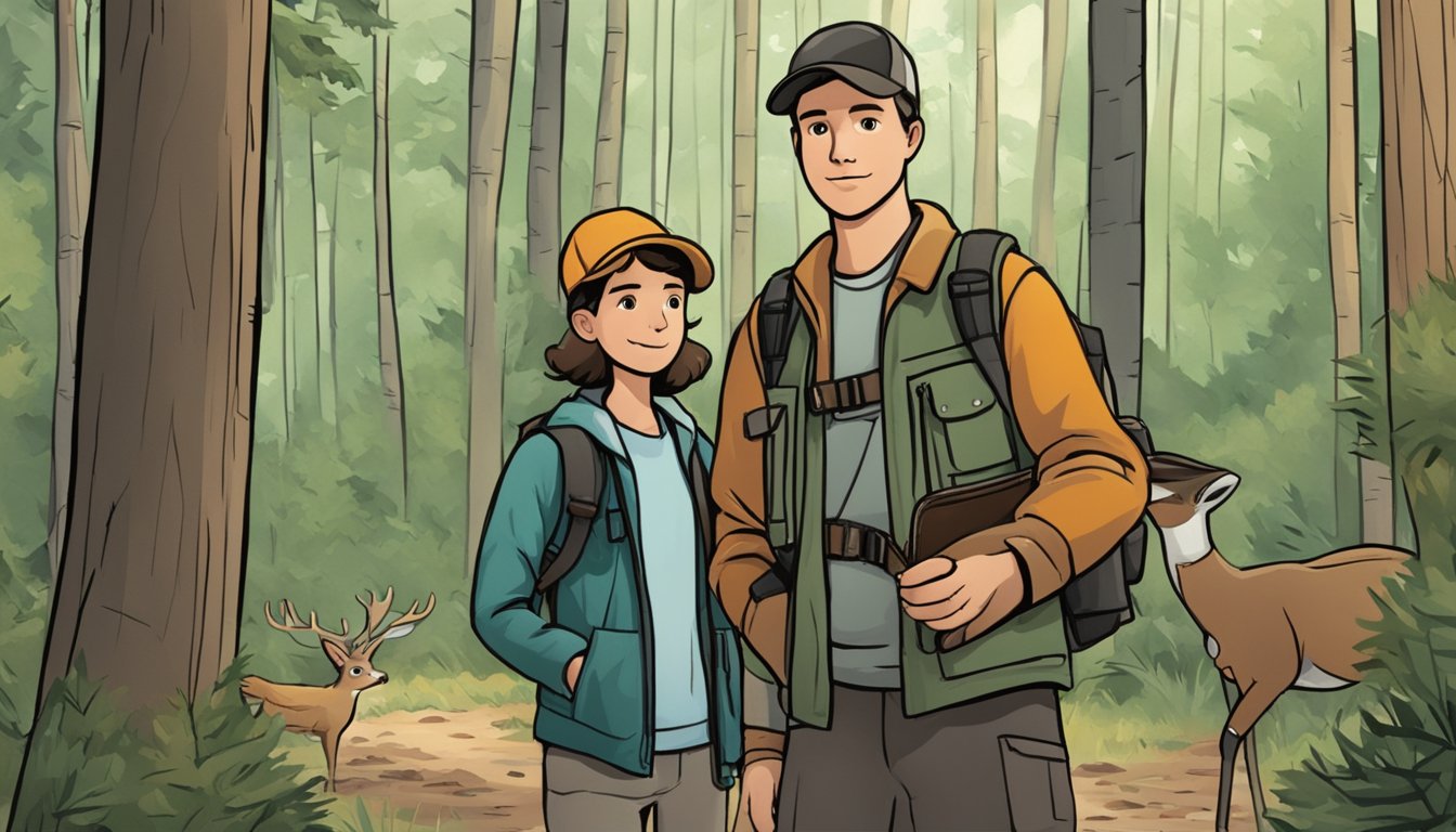 A young person holding a hunting license while standing next to an adult mentor in a forest setting, surrounded by trees and wildlife