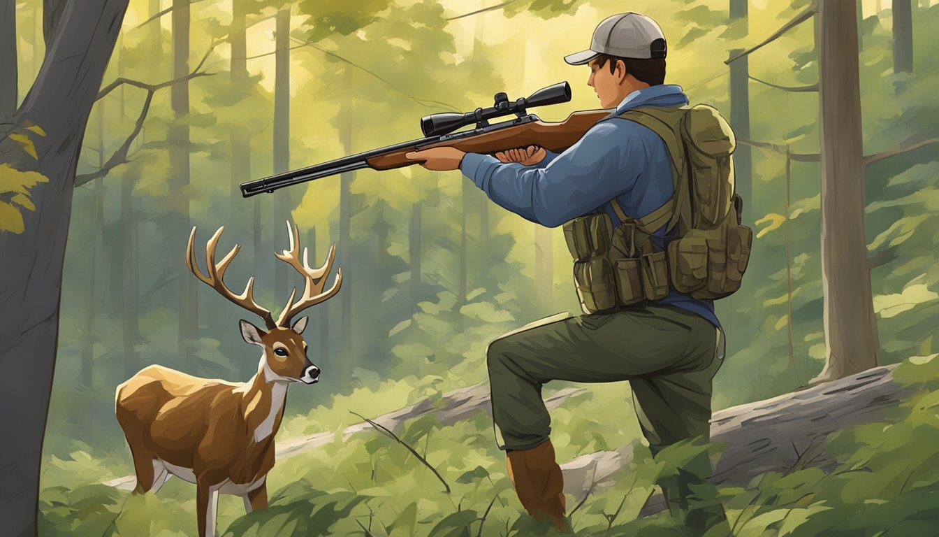 A youth hunter holding a rifle, accompanied by an adult mentor, tracking a deer through a wooded area