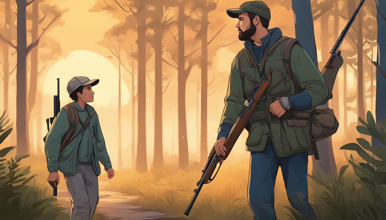 A young hunter holding a rifle, accompanied by an adult mentor, walking through a forest at dawn