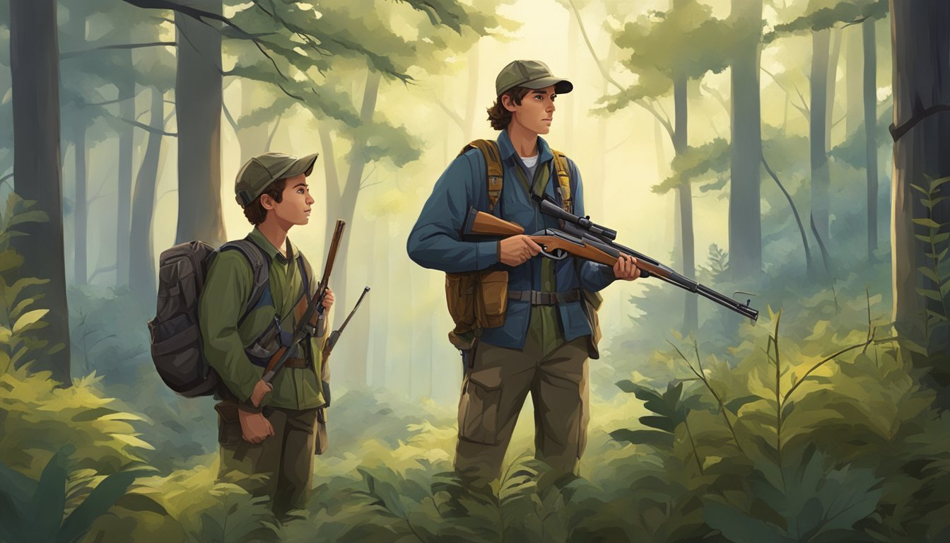 A young hunter holding a rifle, accompanied by an adult mentor in a forest clearing