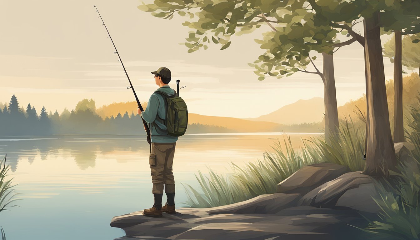 A young person holding a fishing rod and a hunting rifle, standing by a tranquil lake surrounded by trees and wildlife