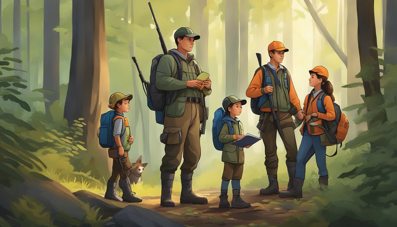 A group of young hunters, accompanied by an adult mentor, in a forest setting with safety gear and educational materials