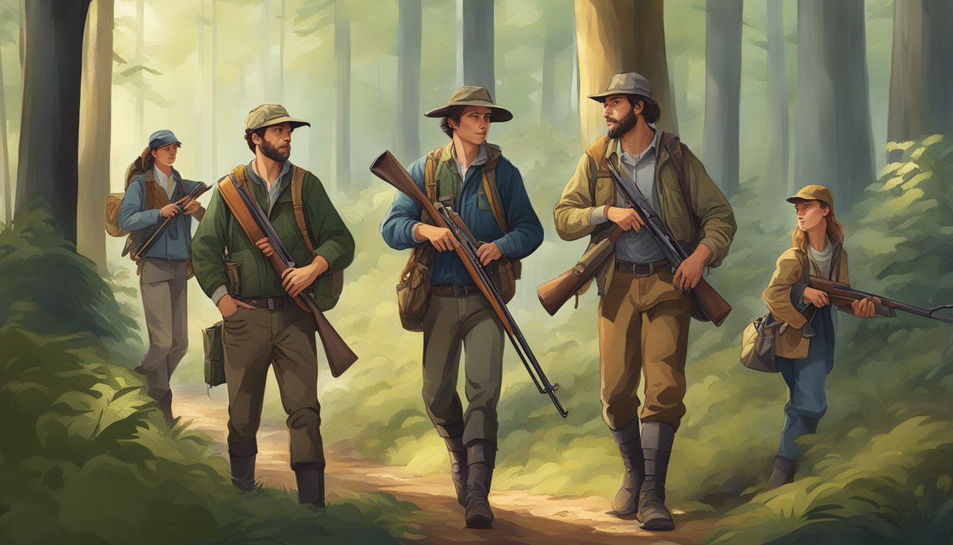 A group of young hunters, accompanied by adults, in a forest setting, carrying hunting gear and rifles