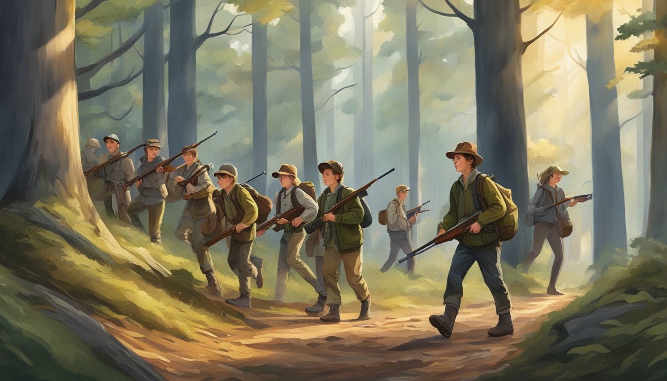 A group of young hunters, accompanied by adults, trek through a forest with their rifles during youth hunting season