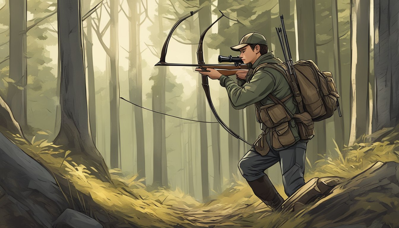 A young hunter tracking deer through a forest, crouched low and moving quietly with a bow in hand