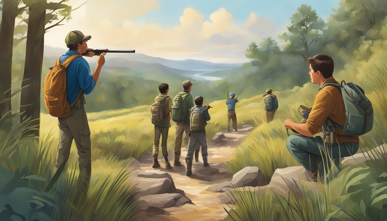 A group of young hunters, accompanied by adult mentors, trek through a diverse natural landscape, observing and learning about various habitats and conservation efforts