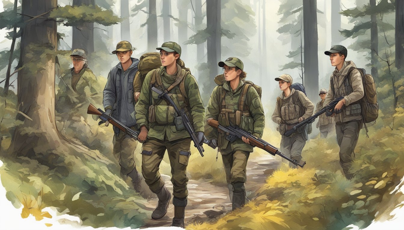 A group of young hunters with rifles and camouflage gear, accompanied by adults, trek through a forest in search of game