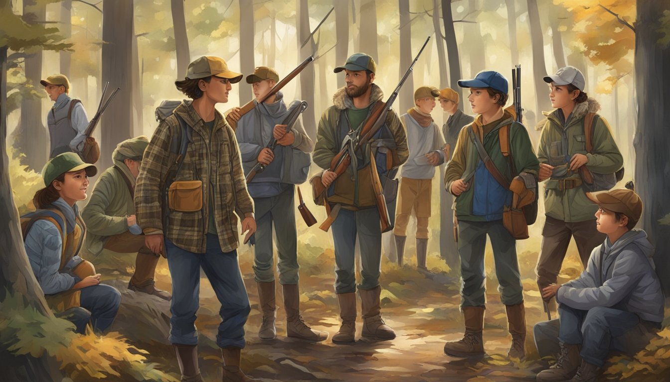 A group of young hunters, accompanied by adult mentors, gather in a wooded area with their hunting gear, eagerly preparing for youth hunting day