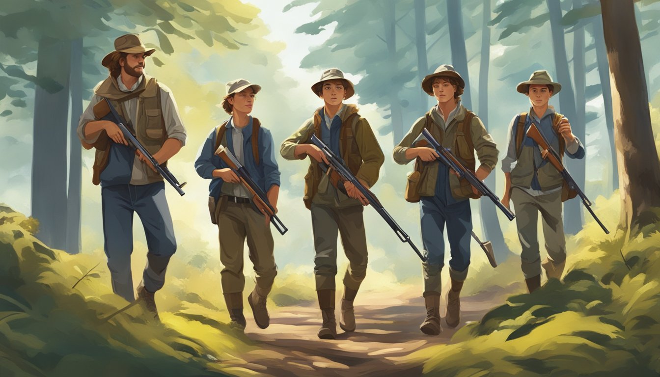 A group of young hunters, supervised by adults, carrying rifles and walking through a forest on a sunny day