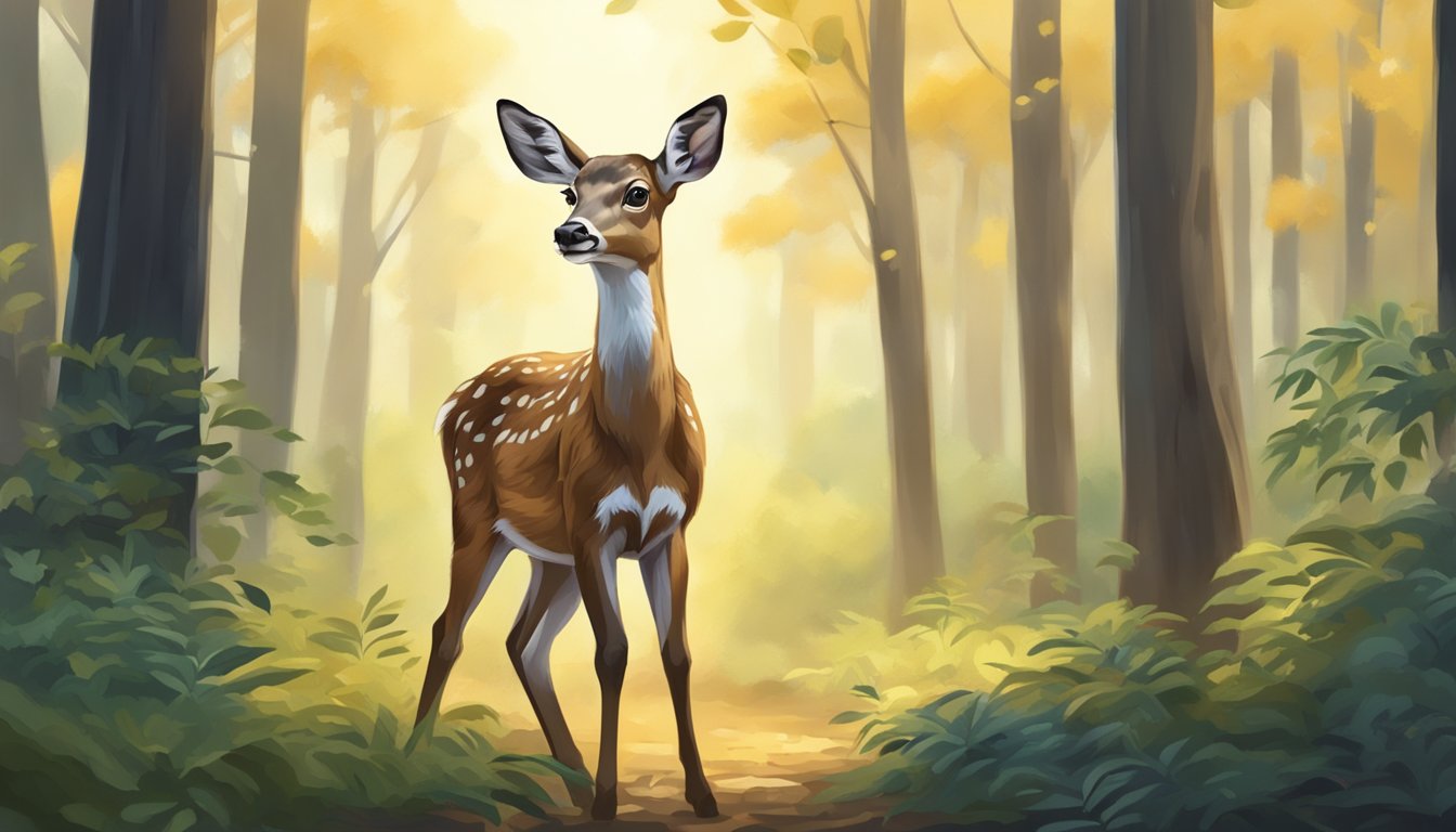 A young deer cautiously approaches a clearing in the forest, its ears perked up and eyes focused on the surrounding foliage