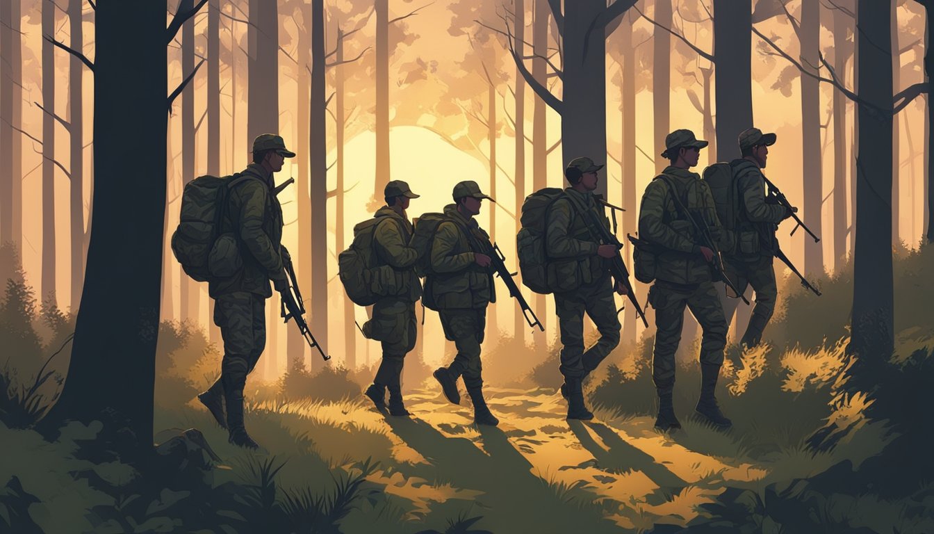 A group of young hunters with rifles and camouflage gear walking through a forest at dusk, with the setting sun casting long shadows on the ground