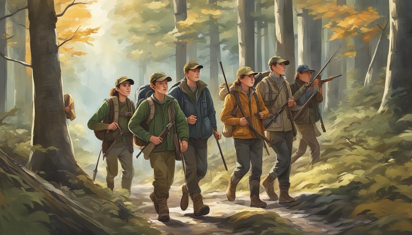 A group of young hunters, accompanied by adult mentors, navigating through a forest with hunting gear during the designated youth hunting season