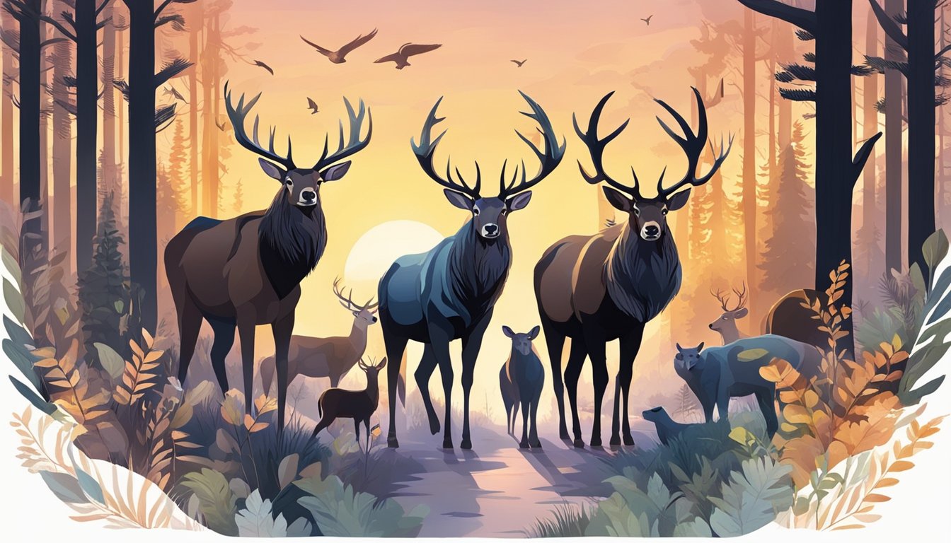 A group of diverse animals roam through a forest, some with antlers, others with feathers, as the sun sets on the horizon