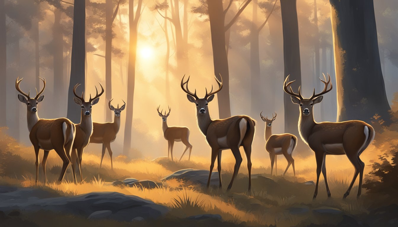 A group of young deer roam through a forest clearing, their antlers still small and covered in velvet. The sun is low, casting a warm glow over the scene