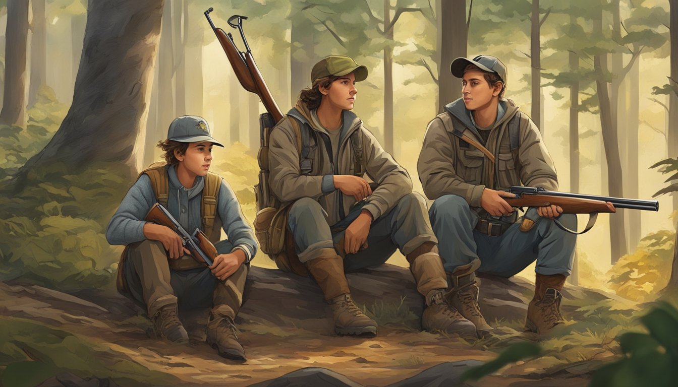 A group of young hunters, accompanied by mentors, gather in a wooded area. They carry their hunting gear and are eager to learn and participate in the hunt