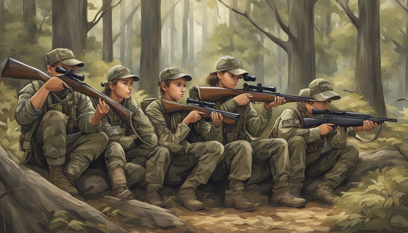 A group of young hunters, dressed in camouflage gear, quietly waiting in a wooded area with their rifles and bows, eagerly watching for their prey