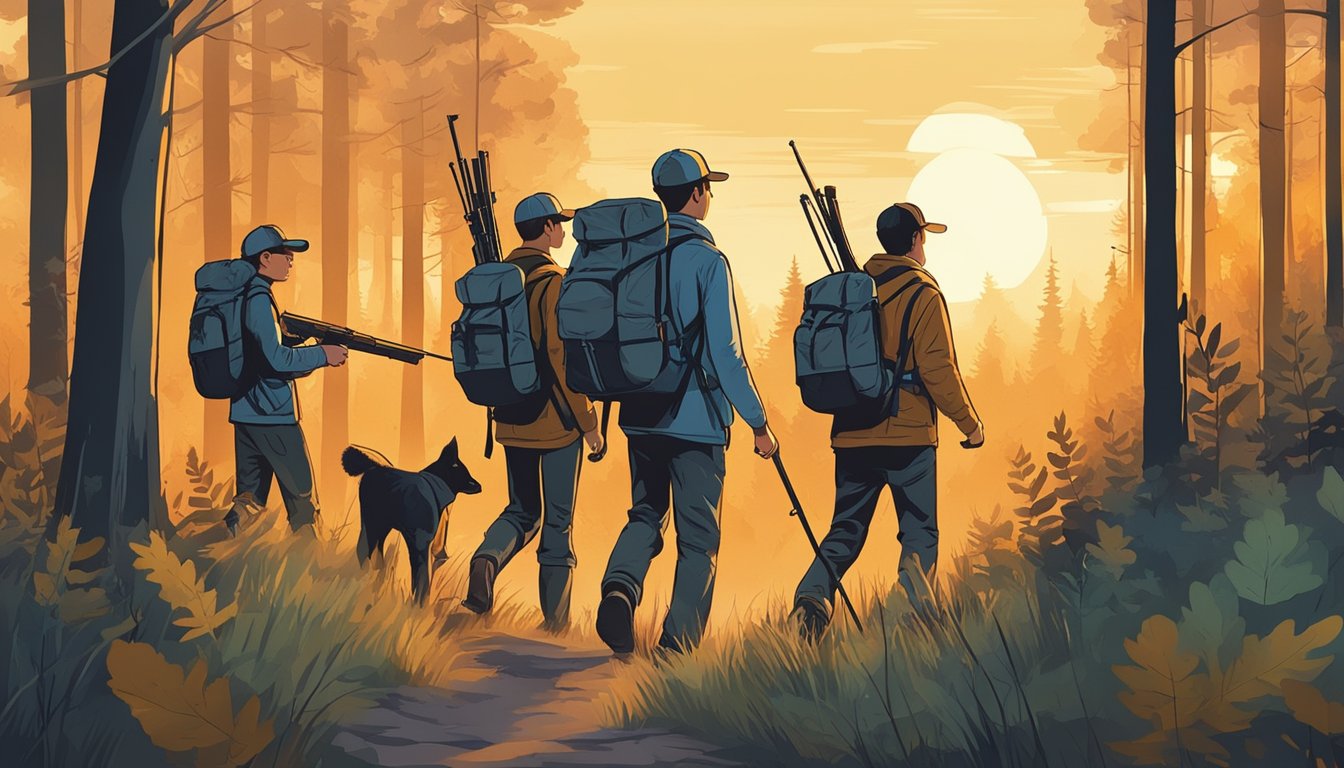 A group of young hunters walking through a forest at sunset, carrying their gear and rifles, with a sign indicating the end of youth hunting season