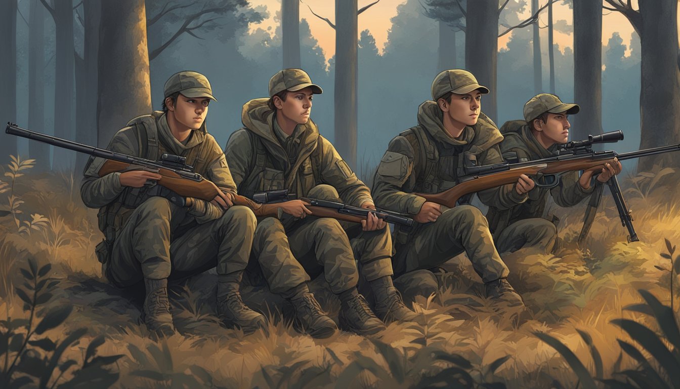 A group of young hunters with rifles and camouflage gear, crouching in a forest clearing at dusk, waiting for game