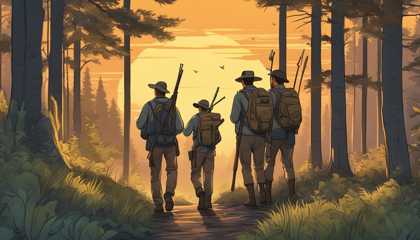 A group of young hunters, accompanied by adults, trek through a forest at sunset, carrying their gear and rifles, while observing wildlife