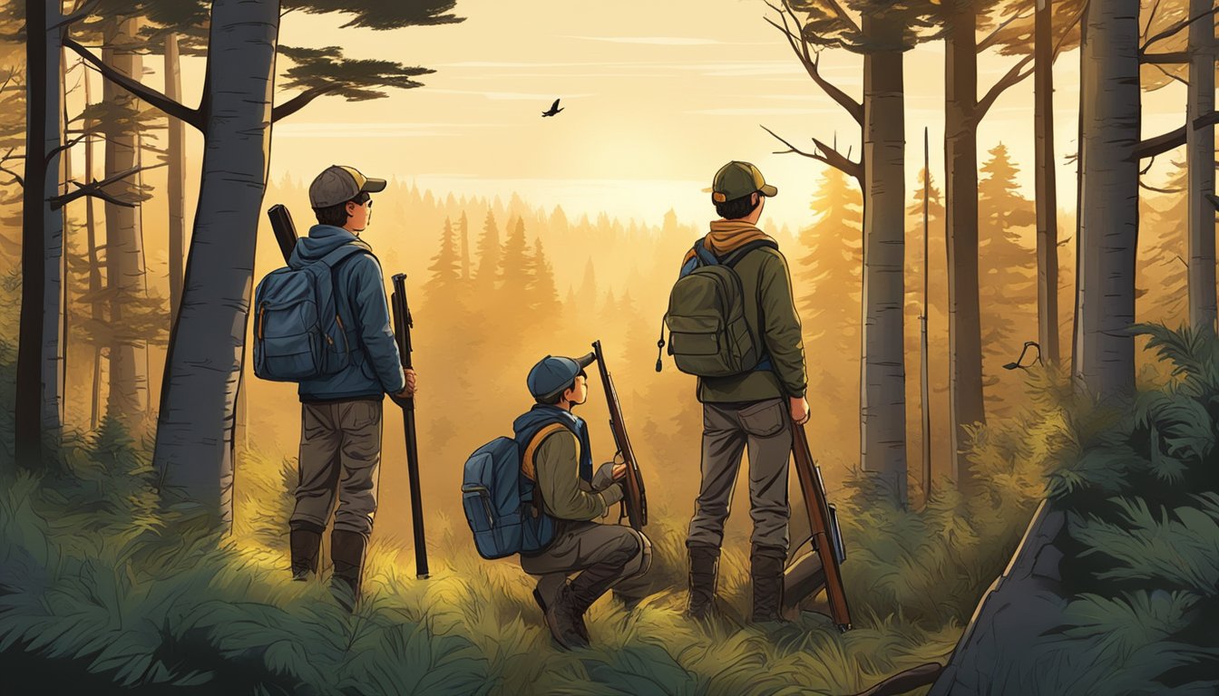 A group of young hunters gather at dawn in a forest clearing, their gear ready as they eagerly await the start of youth hunting season