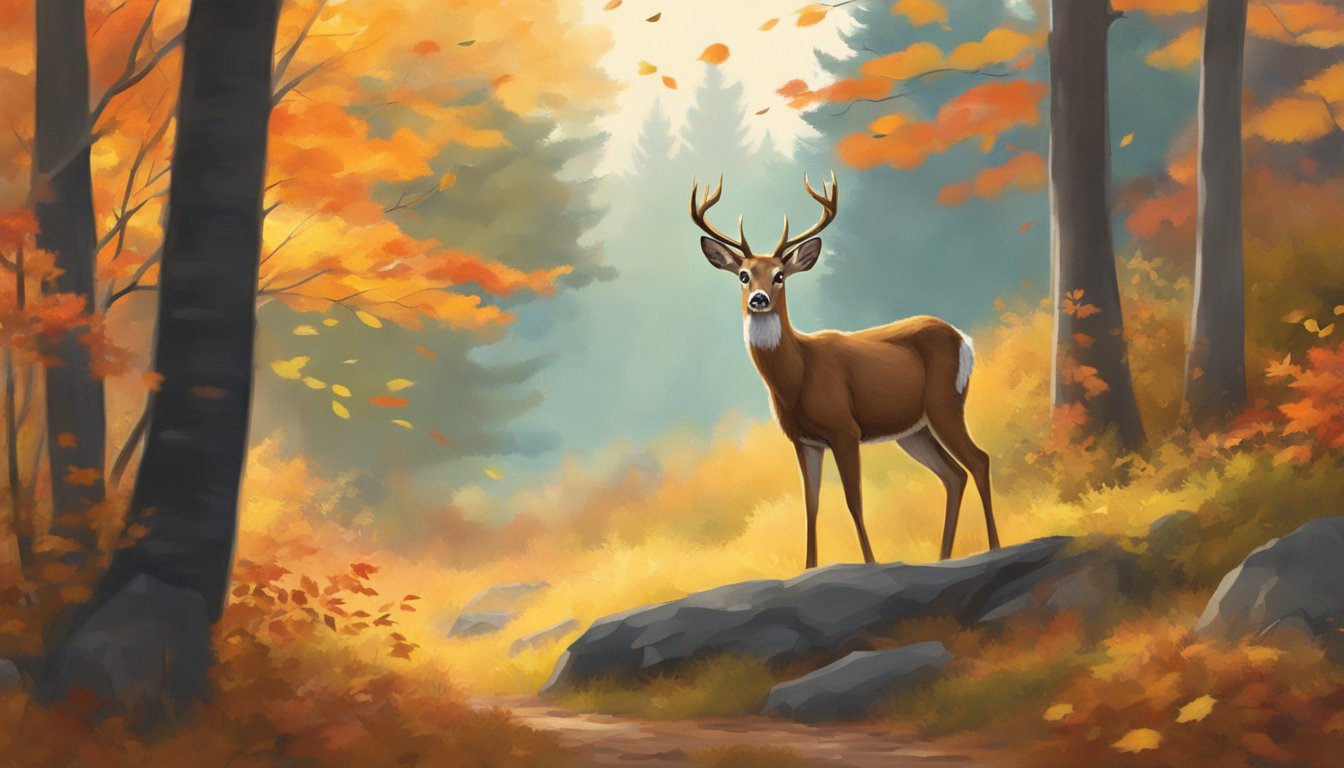 A young deer cautiously approaching a forest clearing, surrounded by vibrant autumn foliage