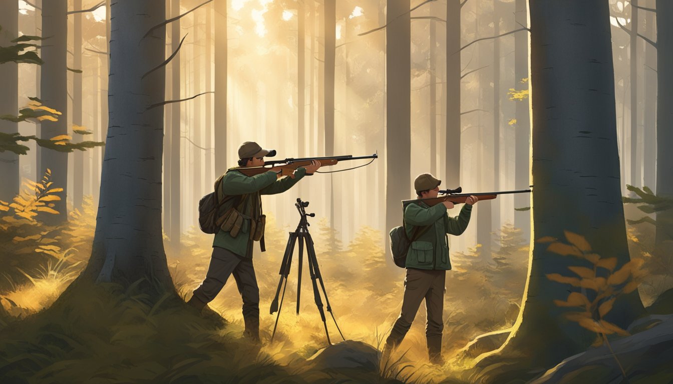 A young hunter, accompanied by an adult mentor, carefully aims a rifle at a target in a forest clearing. The early morning light filters through the trees, casting a warm glow on the scene