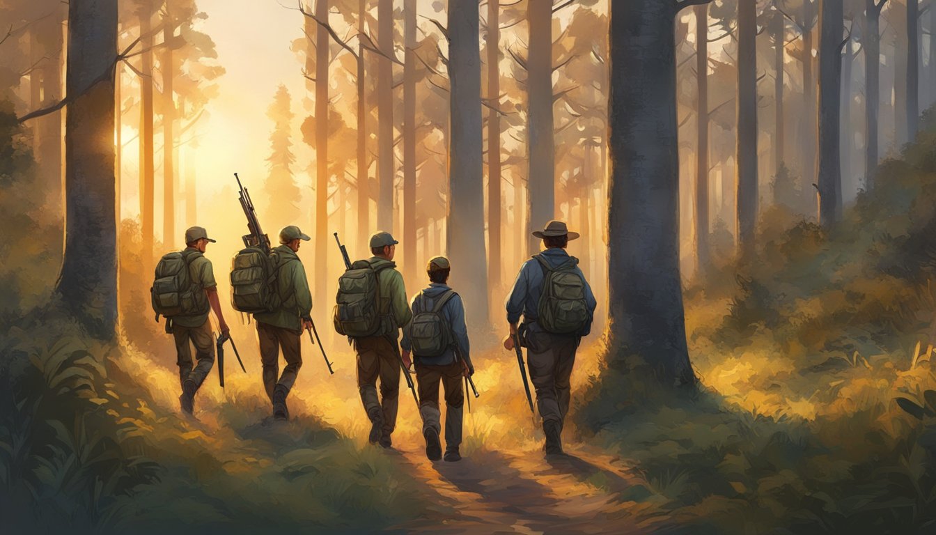 A group of young hunters walking through a forest with rifles, accompanied by adult mentors. The sun is setting, casting a warm glow on the trees