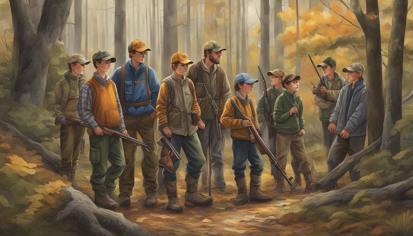 A group of young hunters, accompanied by adult mentors, gather in a wooded area at the start of youth hunting season