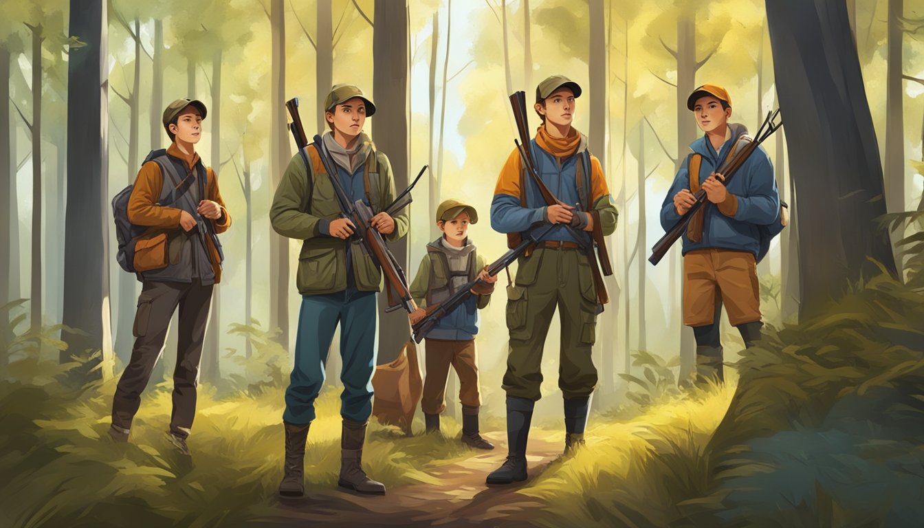 A group of young hunters in a forest, supervised by adults, following strict regulations and safety measures