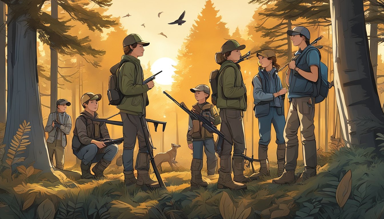 A group of young hunters gather in a forest clearing, surrounded by modern hunting tools and technology. The sun is just beginning to rise, signaling the start of youth hunting season